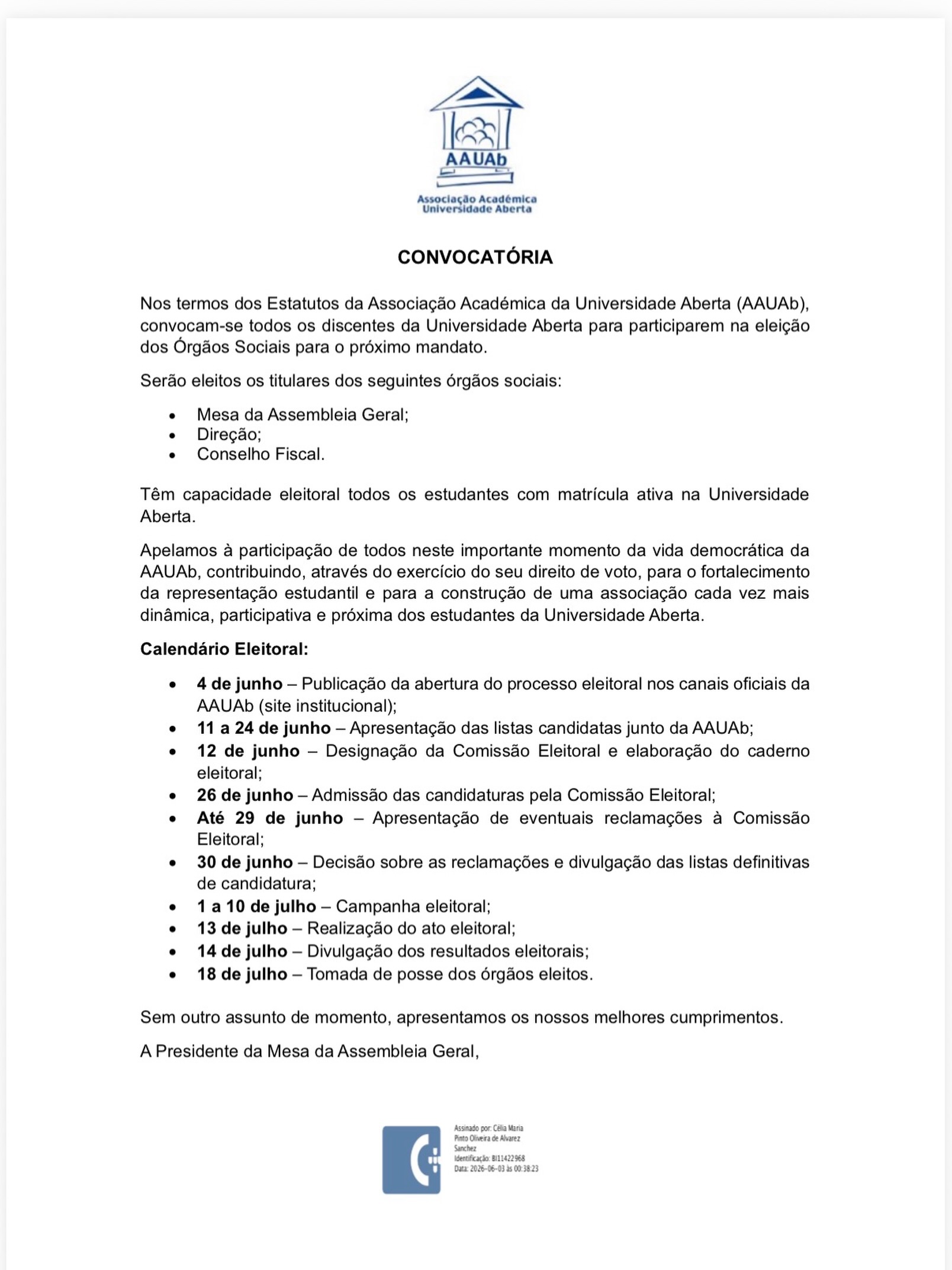 Eleições dos Órgãos Sociais